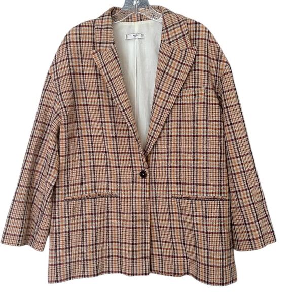 MNG Suit Plaid Blazer Women’s Medium Tan Pink Black Double-Breasted Career Mango - Picture 1 of 8
